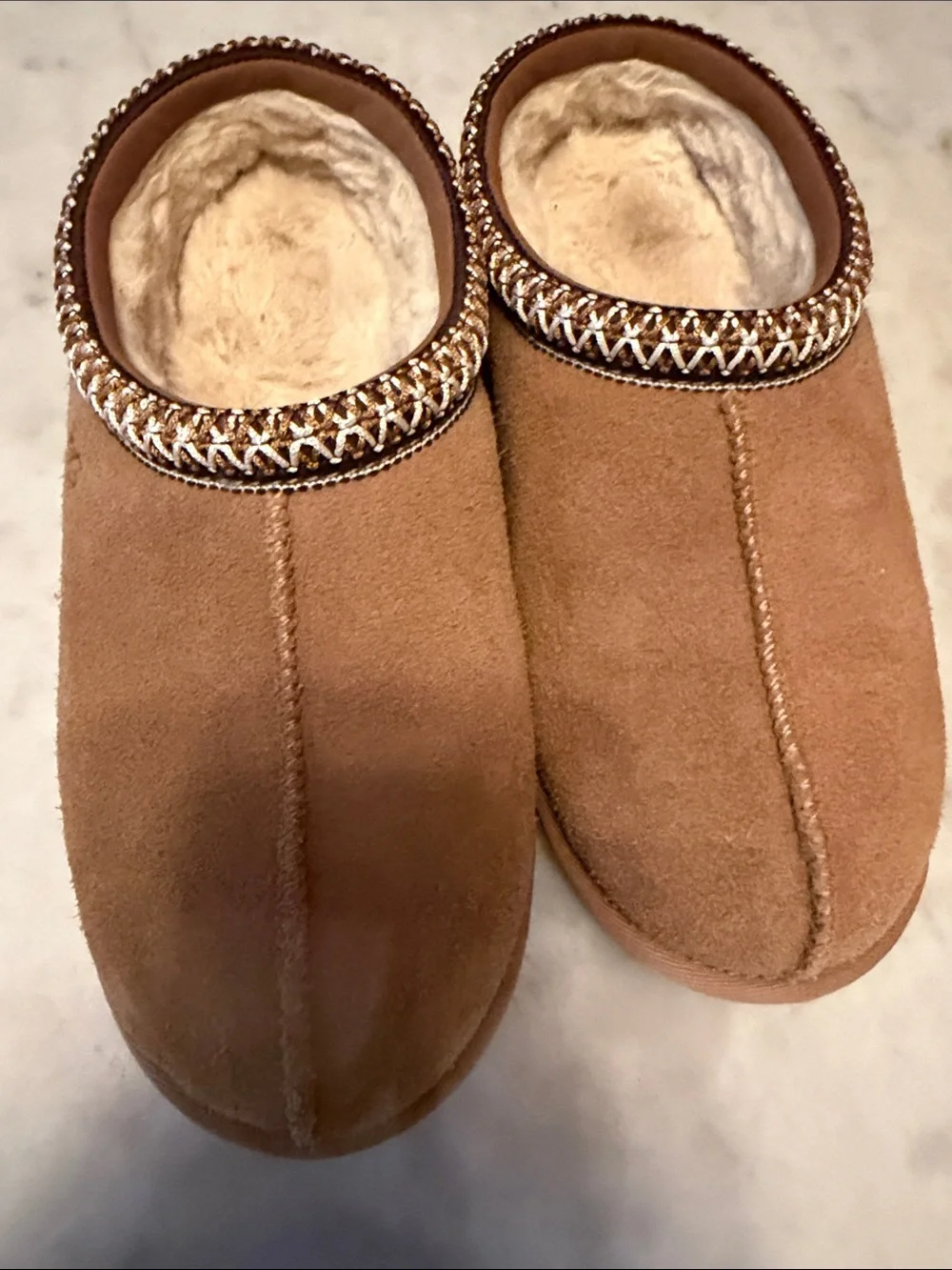 UGG Chestnut Suede Shearling Trim Slip-On Slippers worn only a handful of times